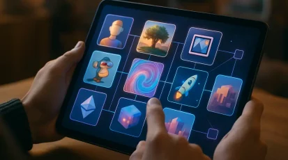 An illustration of NFT marketplace elements highlighting diversity and connectivity.