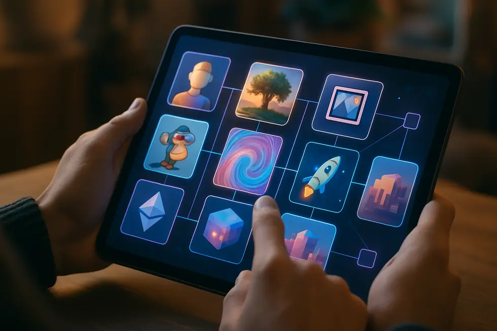 An illustration of NFT marketplace elements highlighting diversity and connectivity.