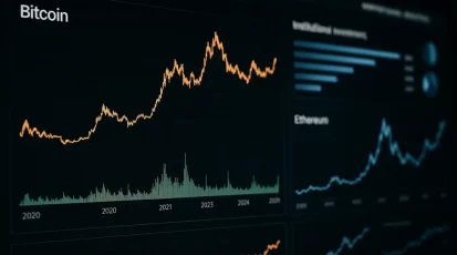 Digital dashboard displaying crypto trends and institutional influences in 2025.