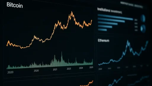 Digital dashboard displaying crypto trends and institutional influences in 2025.