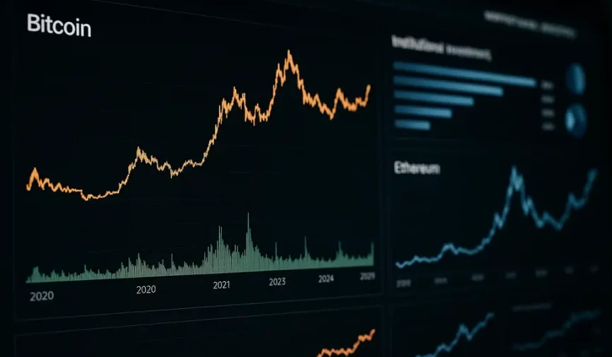 Digital dashboard displaying crypto trends and institutional influences in 2025.