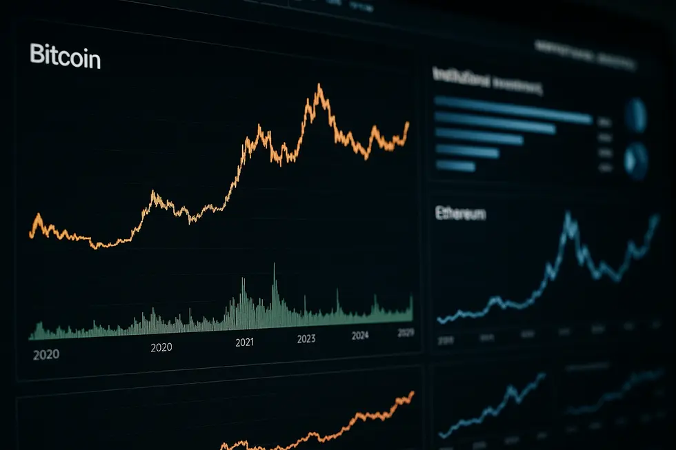 Digital dashboard displaying crypto trends and institutional influences in 2025.