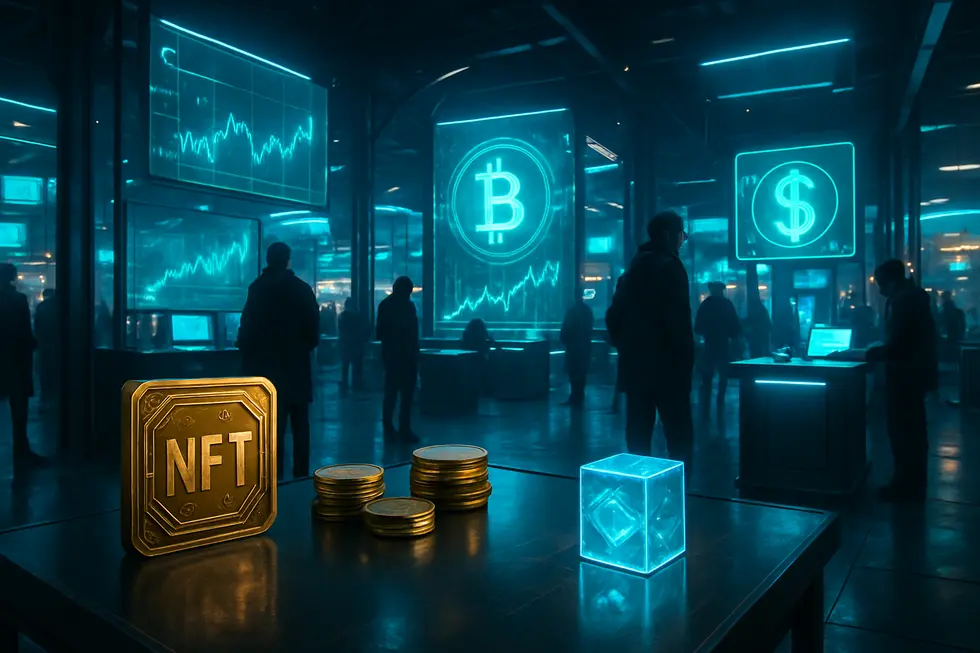 Illustration of a VIP NFT membership card connected in a blockchain network.