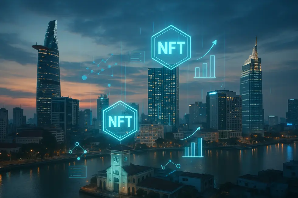 Illustration of Axie Infinity with Vietnamese landmarks, showing the early NFT boom.