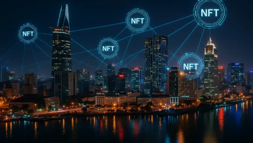 Ho Chi Minh City at night with digital lines and NFT icons highlighting business integration.