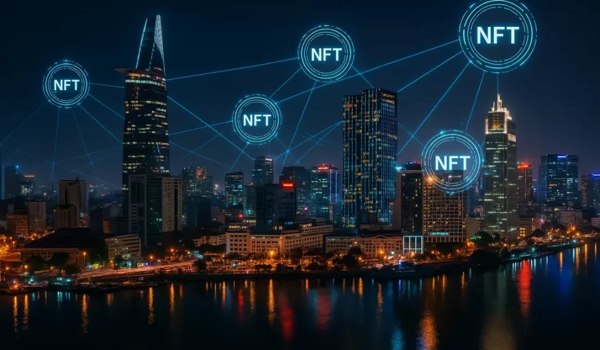 Ho Chi Minh City at night with digital lines and NFT icons highlighting business integration.