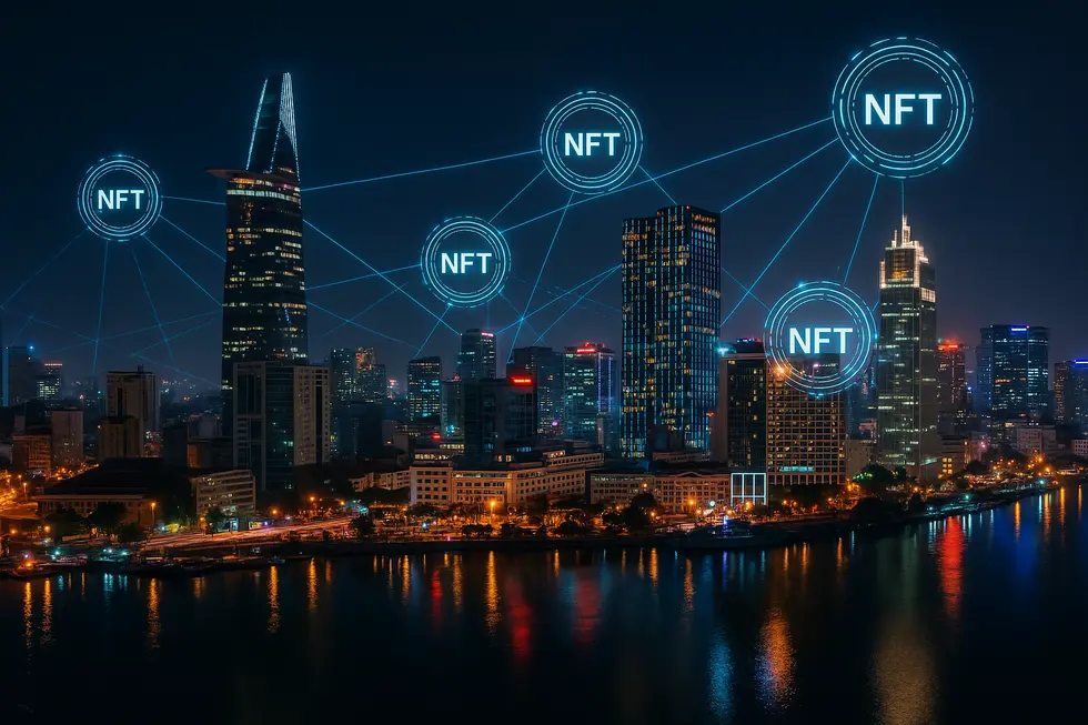 Ho Chi Minh City at night with digital lines and NFT icons highlighting business integration.