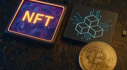 Illustration of NFTs, blockchain, and crypto elements pointing toward future trends in 2025.