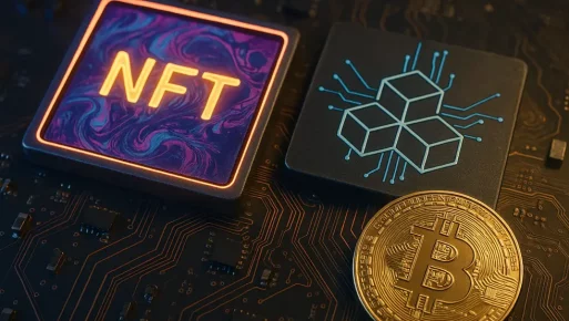 Illustration of NFTs, blockchain, and crypto elements pointing toward future trends in 2025.