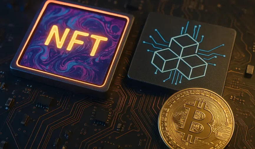 Illustration of NFTs, blockchain, and crypto elements pointing toward future trends in 2025.