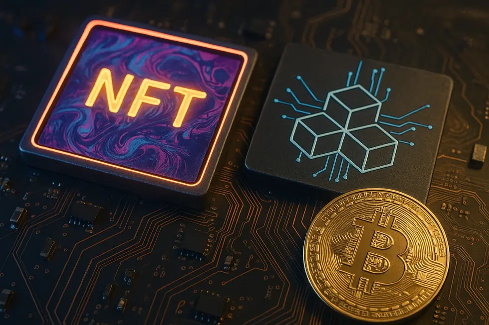 Illustration of NFTs, blockchain, and crypto elements pointing toward future trends in 2025.