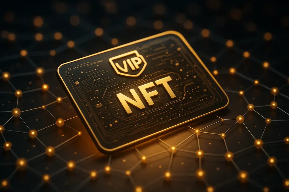 Illustration of a VIP NFT membership card connected in a blockchain network.