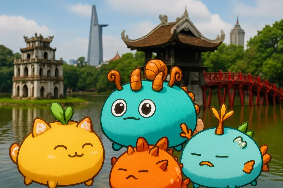 Illustration of Axie Infinity with Vietnamese landmarks, showing the early NFT boom.
