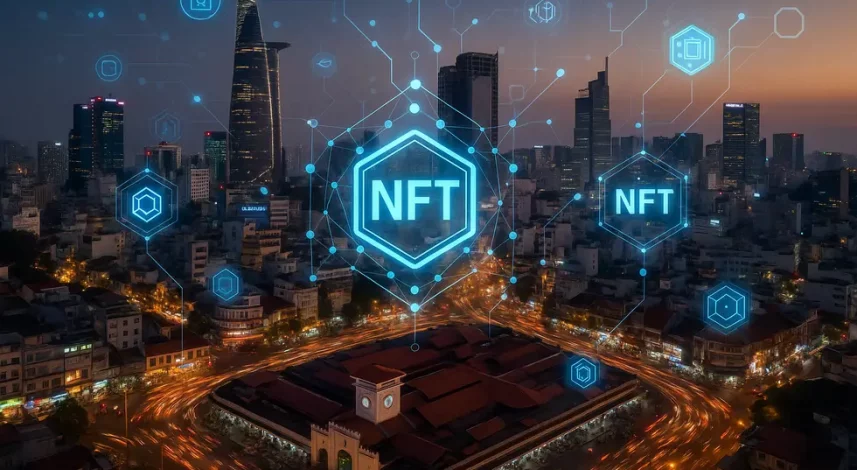 Vietnam's Dynamic NFT Marketplace, Embodied by Platforms Like Monbase. Vietnamese cityscape with digital elements symbolizing the NFT market.