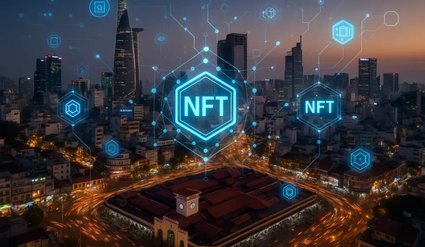 Vietnamese cityscape with digital elements symbolizing the NFT market.