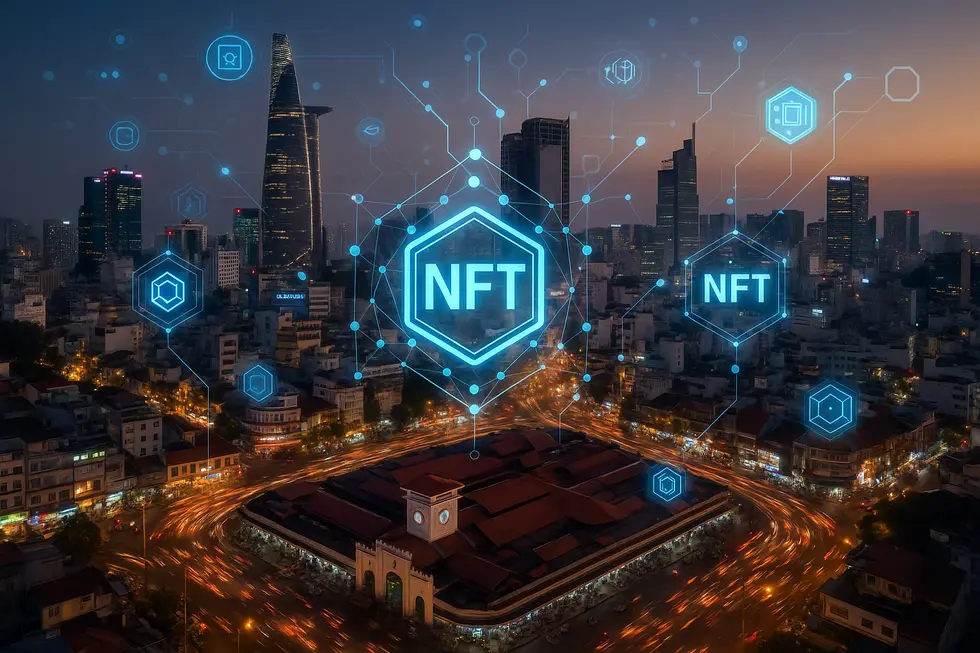 Vietnamese cityscape with digital elements symbolizing the NFT market.
