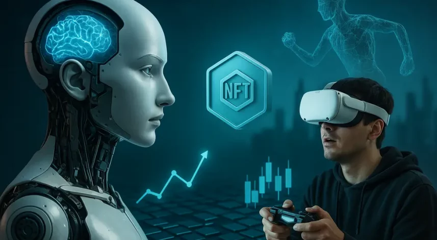 NFT landscape in 2025 shaped by diverse technological trends. Digital montage showing AI, gaming, DeFi, and metaverse elements.