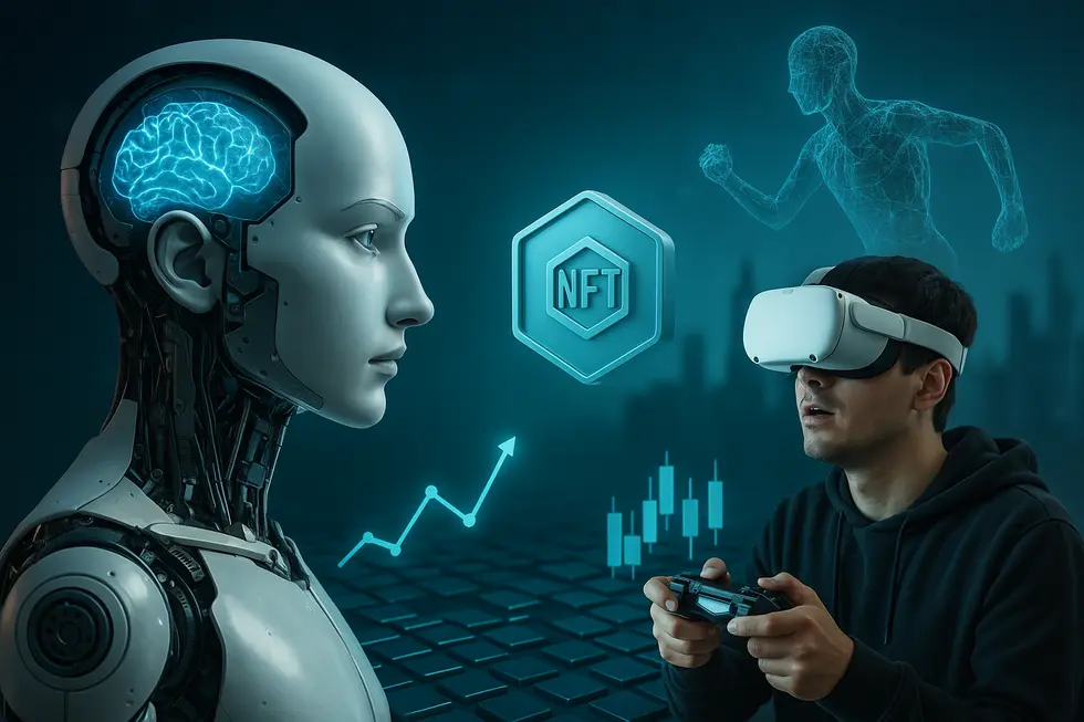 Digital montage showing AI, gaming, DeFi, and metaverse elements.