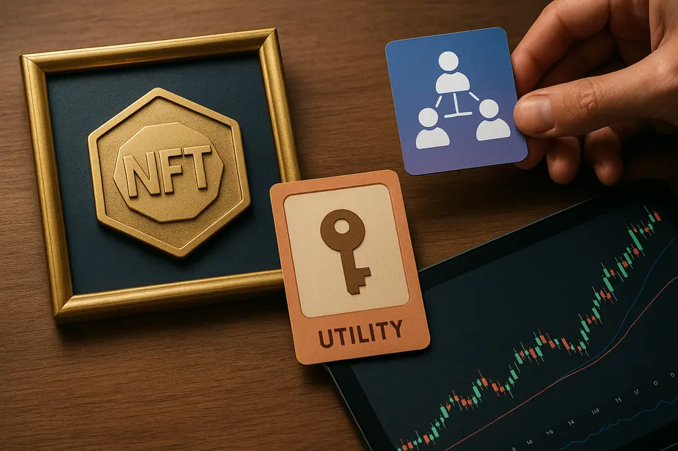 Abstract depiction of NFT features and tools used in evaluating their value.