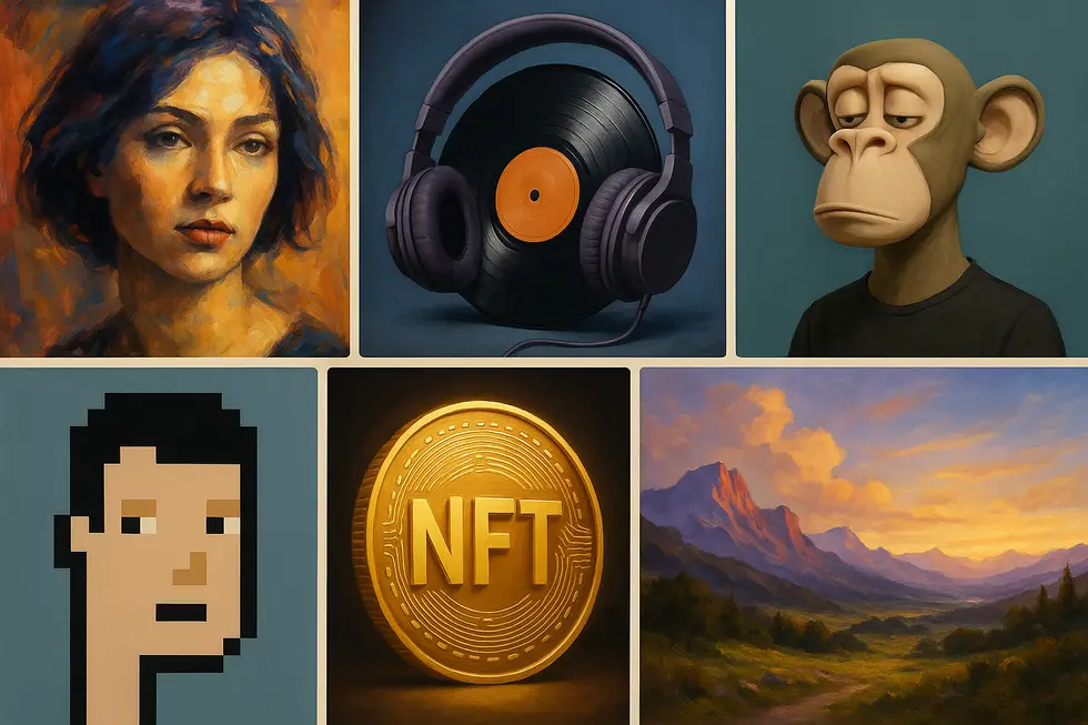 A collage representing the diverse nature of NFTs as digital assets.