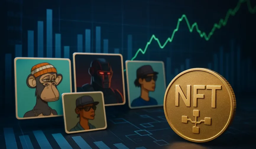 Illustration of NFT components and market trends depicting an overview of the 2025 market.