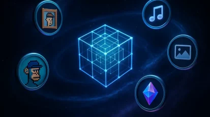 Digital universe illustration showing NFTs orbiting around a blockchain core, symbolizing their digital diversity and value.