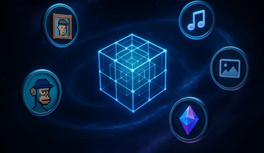 Digital universe illustration showing NFTs orbiting around a blockchain core, symbolizing their digital diversity and value.