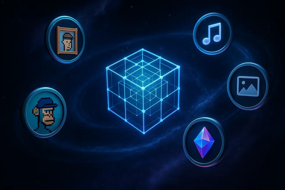 Digital universe illustration showing NFTs orbiting around a blockchain core, symbolizing their digital diversity and value.