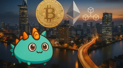 Image combining Axie Infinity, crypto symbols, blockchain logos, and Vietnam's skyline.