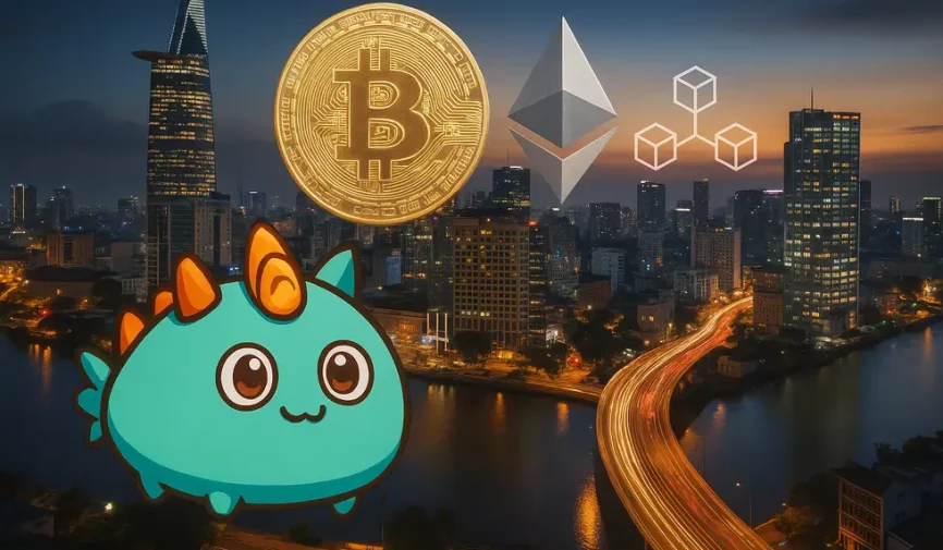 Image combining Axie Infinity, crypto symbols, blockchain logos, and Vietnam's skyline.