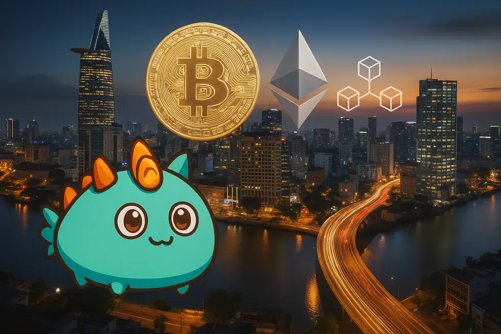 Image combining Axie Infinity, crypto symbols, blockchain logos, and Vietnam's skyline.