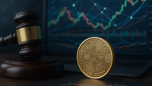 Image showing interconnected regulatory, market, and technological elements of stablecoins.