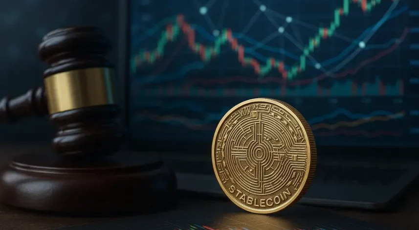 An integrated depiction of stablecoins in the evolving digital economy. Image showing interconnected regulatory, market, and technological elements of stablecoins.