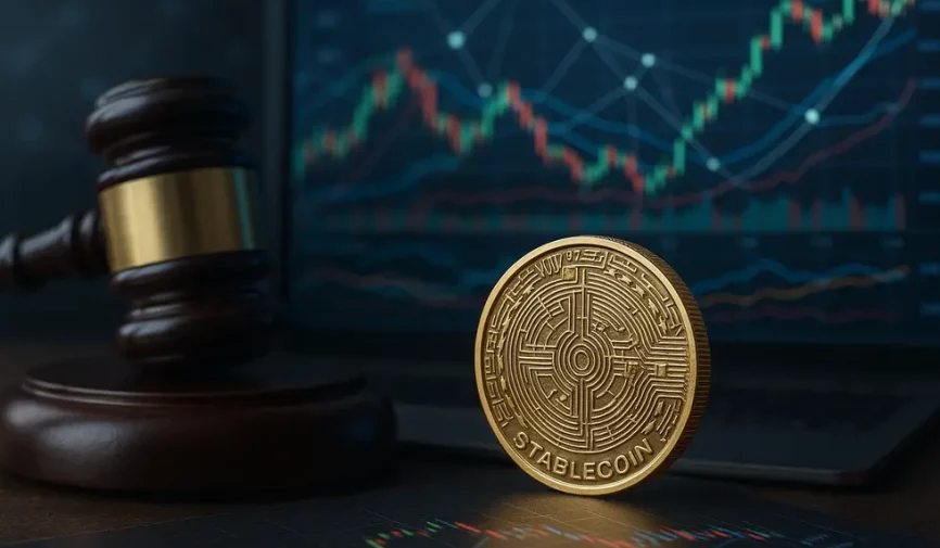 Image showing interconnected regulatory, market, and technological elements of stablecoins.