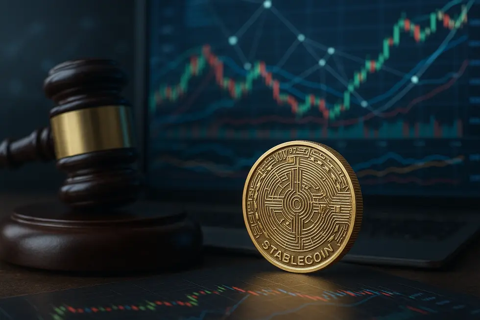 Image showing interconnected regulatory, market, and technological elements of stablecoins.