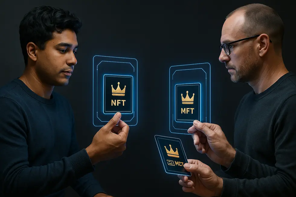 Illustration of a VIP NFT membership card connected in a blockchain network.