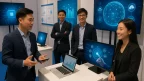 Digital entrepreneurs in Vietnam presenting their startups at a technology exhibition.