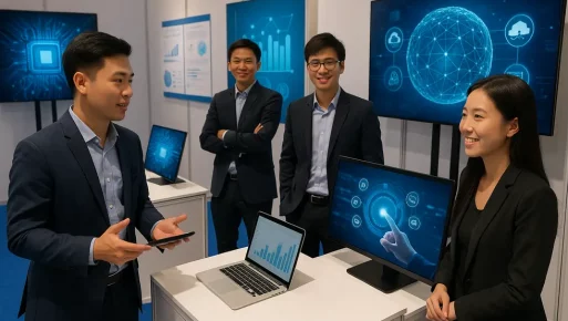 Digital entrepreneurs in Vietnam presenting their startups at a technology exhibition.