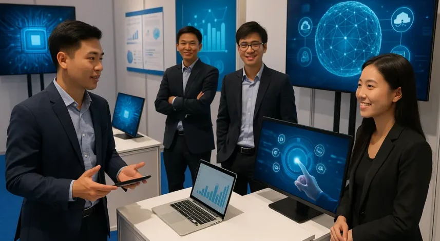 Vietnam showcases its digital innovation at the tech exhibition. Digital entrepreneurs in Vietnam presenting their startups at a technology exhibition.