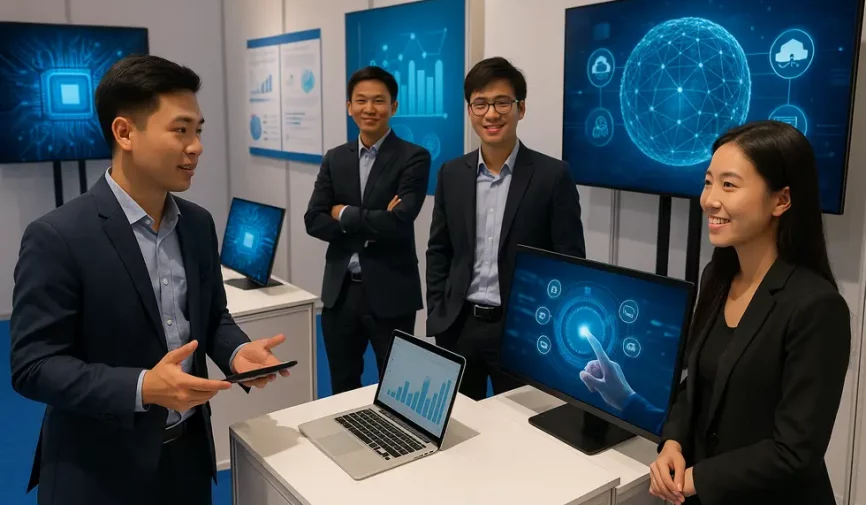 Digital entrepreneurs in Vietnam presenting their startups at a technology exhibition.