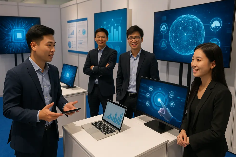 Digital entrepreneurs in Vietnam presenting their startups at a technology exhibition.