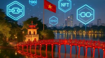 Vietnam's digital landscape with blockchain symbols reflecting NFT legal updates.