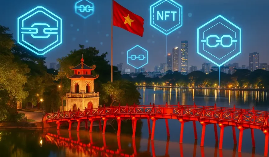 Vietnam's digital landscape with blockchain symbols reflecting NFT legal updates.