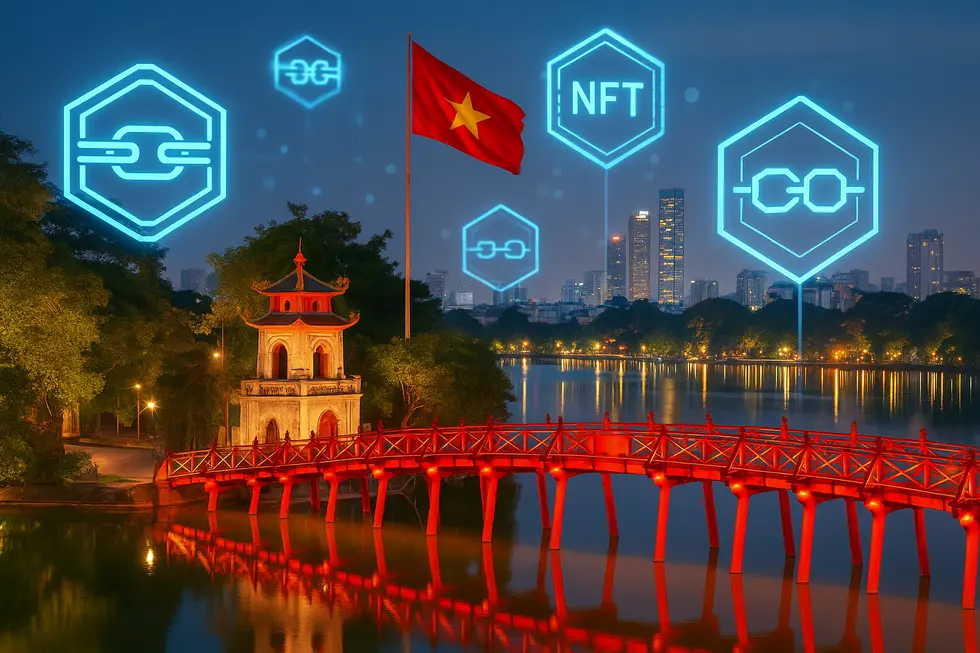 Vietnam's digital landscape with blockchain symbols reflecting NFT legal updates.