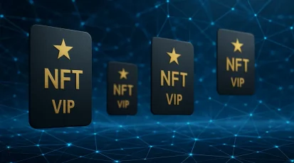 Photo-realistic digital landscape showcasing interconnected lines and NFT membership cards symbolizing network and utility.