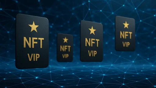 Photo-realistic digital landscape showcasing interconnected lines and NFT membership cards symbolizing network and utility.