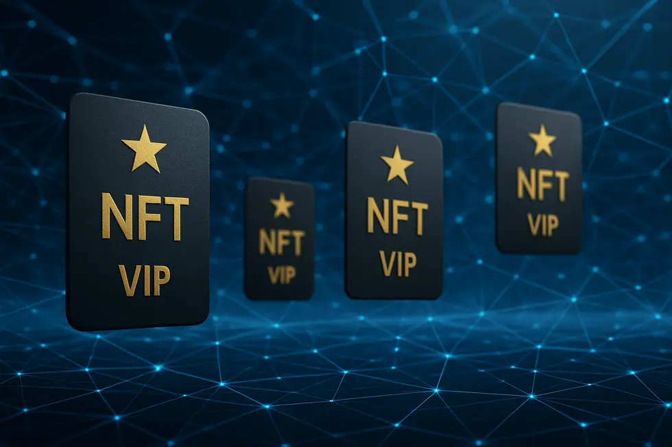 Photo-realistic digital landscape showcasing interconnected lines and NFT membership cards symbolizing network and utility.