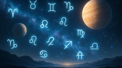 Futuristic landscape with zodiac symbols representing NFT artistry.