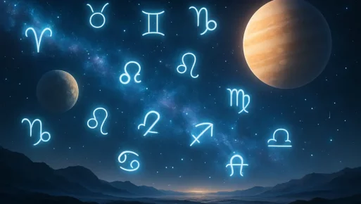 Futuristic landscape with zodiac symbols representing NFT artistry.