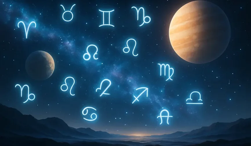 Futuristic landscape with zodiac symbols representing NFT artistry.